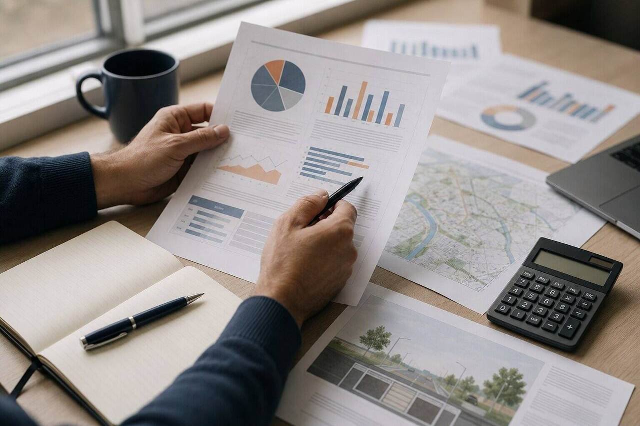 Hands reviewing municipal budget charts and infrastructure planning documents