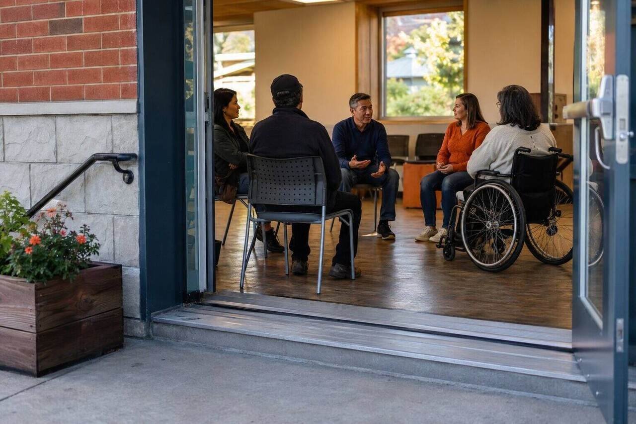 Residents having a welcoming conversation in a neighbourhood community room